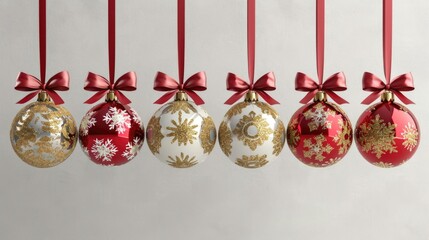 Decorative Christmas ornaments hanging from a bright red ribbon, perfect for holiday celebrations and gift wrapping