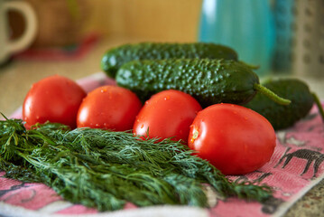 Tomatoes, cucumbers and green dill close-up, fresh harvest, preparation for salad, diet food