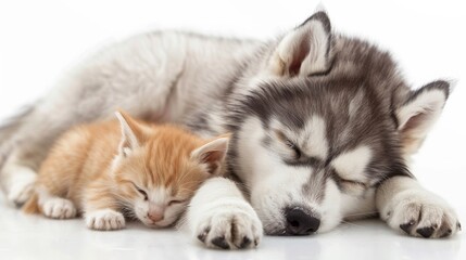 Portrait of a Husky dog sleep with a cat over plain background