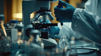 A scientist in a lab coat uses a microscope to examine a sample