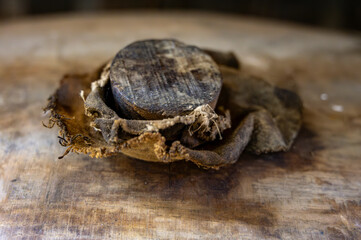 Aging process of cognac spirit in old dark French oak barrels in cellar in distillery house, Cognac white wine region, Charente, Segonzac, Grand Champagne, France