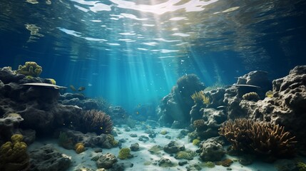 Obraz premium Sunlit Underwater Scene with Coral Reefs and Clear Water