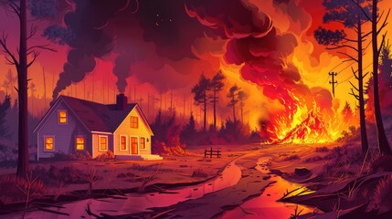 A house engulfed in flames surrounded by dense woods, perfect for use in emergency response or disaster scenarios