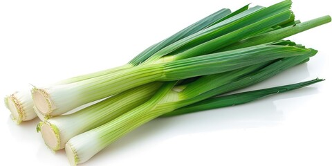 Fototapeta premium A collection of fresh green onions arranged on a white surface