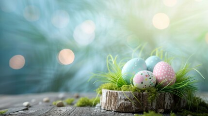Beautiful eastern eggs on table with flower