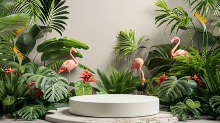 Three flamingos stand among lush green plants and vibrant red flowers, surrounding a white circular platform, bathed in natural daylight.