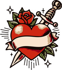 Tattoo Hearts Dagger. Traditional Tattoo Hearts and Scrolls Vector SVG collection with knife dagger . Classic Mom tattoo art, this valentine beautifully rendered hearts and scrolls temporary tattoos t