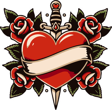 Tattoo Hearts Dagger. Traditional Tattoo Hearts and Scrolls Vector SVG collection with knife dagger . Classic Mom tattoo art, this valentine beautifully rendered hearts and scrolls temporary tattoos t
