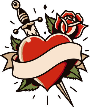 Tattoo Hearts Dagger. Traditional Tattoo Hearts and Scrolls Vector SVG collection with knife dagger . Classic Mom tattoo art, this valentine beautifully rendered hearts and scrolls temporary tattoos t