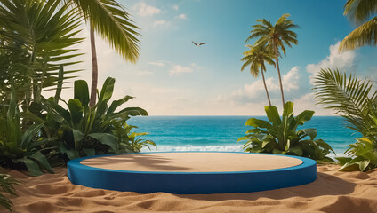 Fototapeta premium Beautiful podium, tropic leaves, sea
