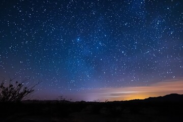 Starry night sky over desert landscape