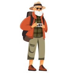 An elderly man is hiking in a hat and glasses, holding a camera. Vector illustration in flat style of a cartoon happy grandfather traveling with a backpack and a tent. Isolated on white background