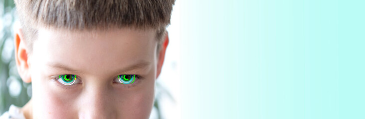 close-up bionic eyes, caucasian child, aggressive boy looking sideways, intense stare, determined...