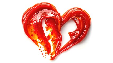 Heart shaped ketchup stain. Ketchup art on white background. Simple and conceptual food art image. AI