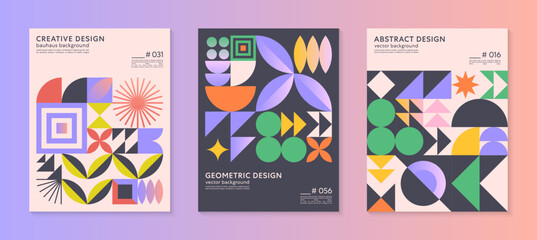 Abstract geometric pattern backgrounds with copy space for text.Trendy minimalist geometric designs with bold simple shapes and elements.Modern artistic vector illustrations.