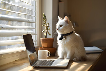 Cat businessman with black and white tie on modern office desk with laptop, sunlight streaming through a window. Neutral-colored office space with minimalistic decor, a coffee cup, and a notepad