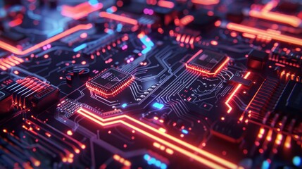 Obraz premium Futuristic microchip technology on a hightech circuit board, illuminated by neon lights and showcasing AI integration
