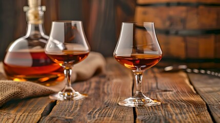 Two elegant glasses with whiskey on a rustic wooden table. Warm and inviting setup with a whiskey bottle in the background. Perfect for bars and pub decor. AI