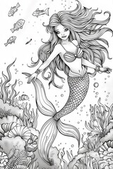 Fototapeta premium Coloring page design. Vector illustration of a beautiful mermaid.