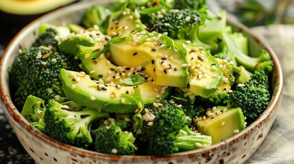 Broccoli and avocado salad white vintage bowl . Generative Ai