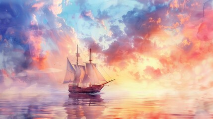 Fototapeta premium Sailing ship in sea water at sunset.