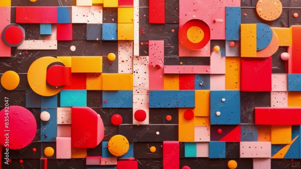 Poster Multicolored abstract painting with varied shapes and hues creating a dynamic visual composition.