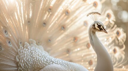 A majestic white peacock with its feathers fully spread, the sunlight highlighting its beauty