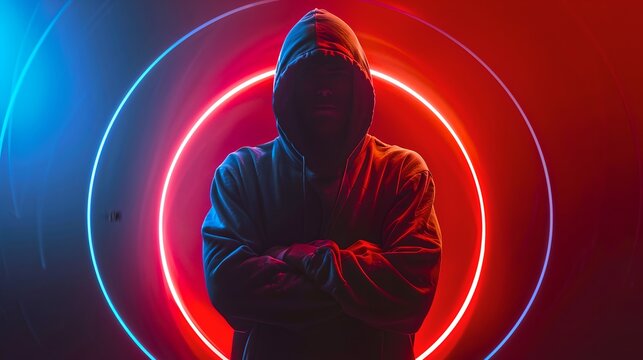 Mysterious hooded figure stands against vivid glowing circles. The colorful lighting creates a striking atmosphere. Perfect for themes of mystery, anonymity, or cyber. AI