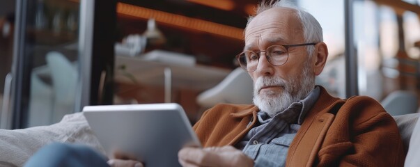 Fototapeta premium Elderly gentleman comfortably reading a newspaper in a luxurious armchair with a warm atmosphere.
