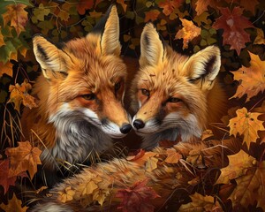 Fototapeta premium A pair of red foxes playing in the underbrush, their coats blending with the autumn leaves