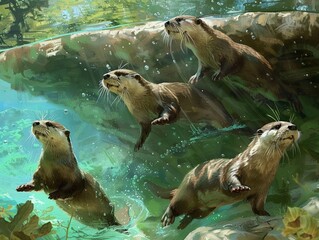 Obraz premium playful group of otters swimming and diving in a clear stream, surrounded by rocks and vegetation