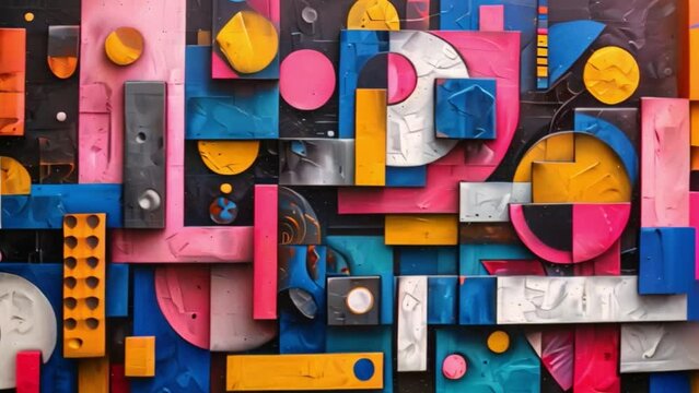 A vibrant abstract painting showcasing a dynamic mix of different colors and shapes creating a visually striking composition.