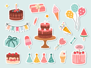 Birthday sweets. Vector Sticker Set