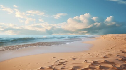 Fototapeta premium A Serene Beach with Gentle Waves, Fluffy Clouds, and a Blue Sky