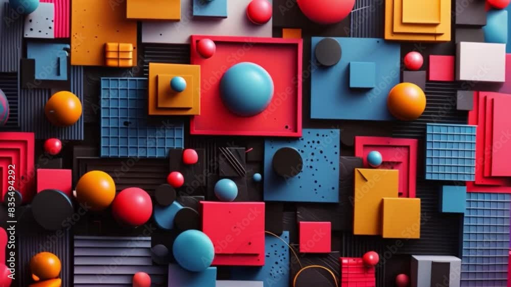 Poster a vibrant wall filled with an array of different colored shapes and sizes, creating a visually dynam