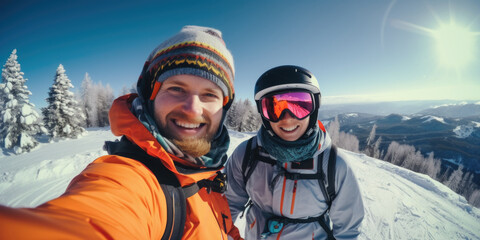A man and a woman posing for a selfie while on a snowy ski slope, both smiling and having fun