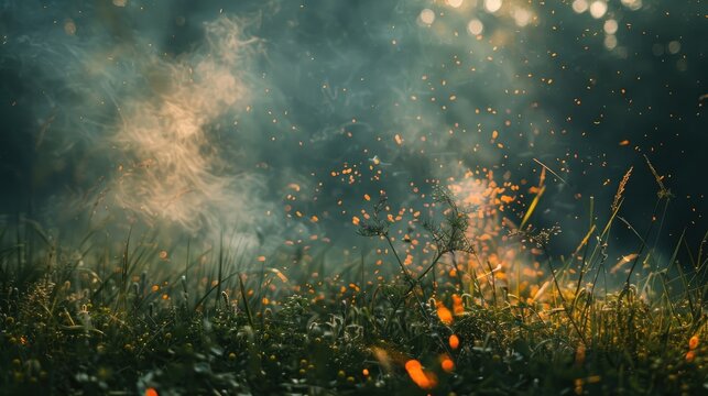 Burning grass in a field with wild weeds and green natural backdrop