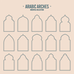 Islamic frames, oriental style objects. Arabic shapes, windows and arches. Traditional ornamental banner, frame. Muslim holidays, Ramadan Kareem. Modern eastern architecture. Vector illustration