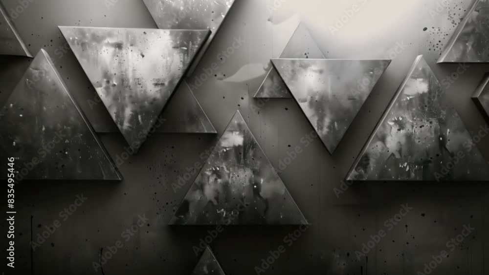 Poster geometric shapes intersect in a monochromatic abstract composition, featuring sharp triangles creati