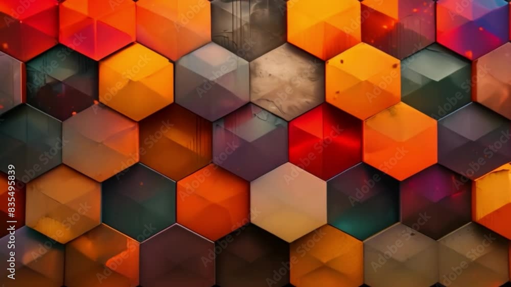 Poster abstract hexagonal pattern in various colors, creating a lively and dynamic visual display.