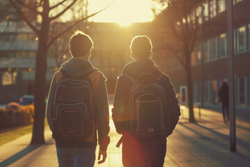 two friends walking to school in autumn