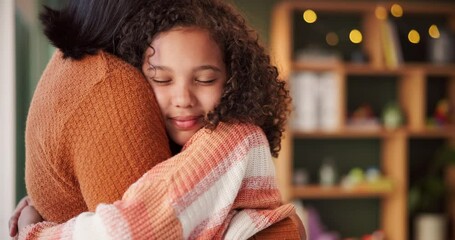 Home, hug and mother with girl, kid and adoption with love, happiness and bonding together. Apartment, single parent and mama with daughter, embrace and support with trust, reunited or care in lounge