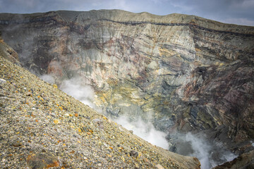 crater of mount nakadake, mount aso, active volcano, volcano, kyushu, japan, caldera, smoke