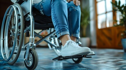 Obraz premium Person in wheelchair wearing casual jeans and sneakers. Mobility aid and daily life activity. Comfortable home setting. AI