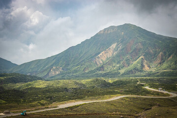 view of mount takadake, from mount nakadake, mount aso, active volcano, caldera, smoke, national park, japan, asia, kyushu