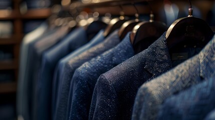 Obraz premium Elegant blue jackets hanging in a stylish boutique. Formal wear for men. Close-up view. Perfect for any occasion. AI