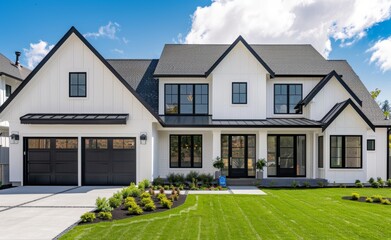 Blue sky and modern farmhouse style luxury home exterior