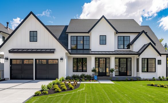 Blue sky and modern farmhouse style luxury home exterior