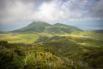 Fototapeta premium view from Mount Eboshi, Eboshidake Near Mount Aso, Kyushu, volcano, caldera, mountains, hike, trekking