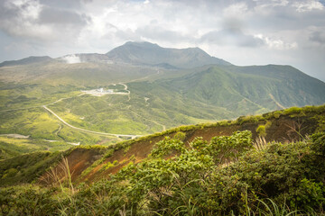 view from Mount Eboshi, Eboshidake Near Mount Aso, Kyushu, volcano, caldera, mountains, hike, trekking